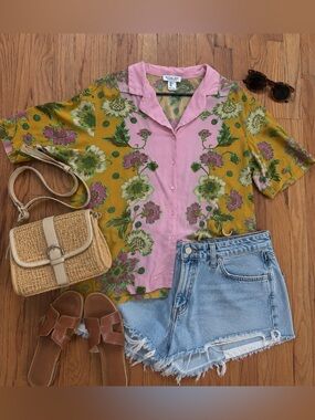 Rachel Zoe Floral Button Front Blouse Pink Mustard Short Sleeve Top Women’s L